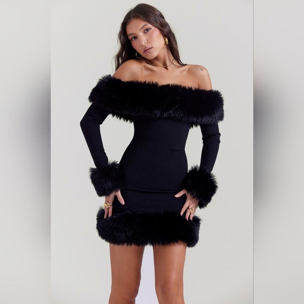 NWT House of CB Keilani Fur Trim Black Off Shoulder Mini Dress S Longer Length